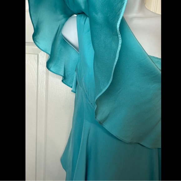 ANNIE GRIFFIN Charlotte One Shoulder Dress Turquoise Aqua Blue 100% Silk Ruffle - Picture 4 of 10